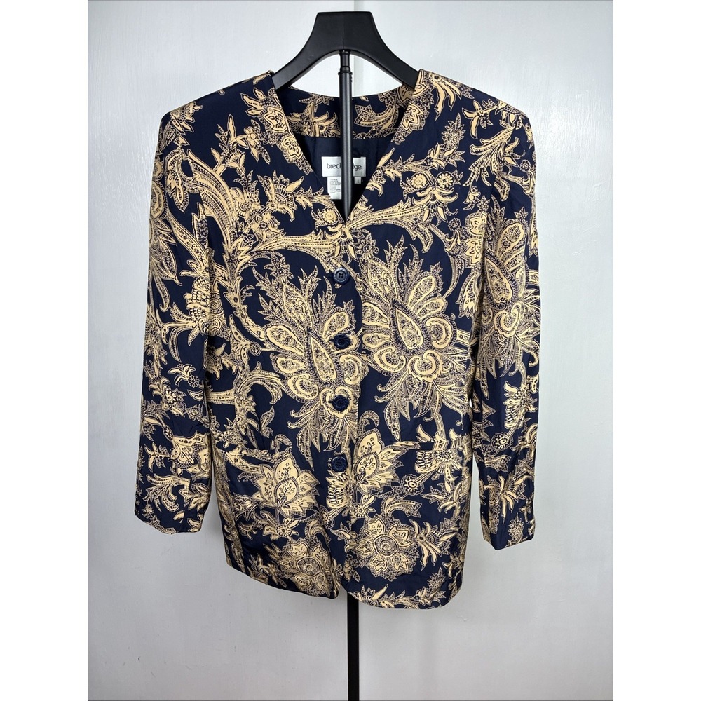 Breckenridge Navy Blue Gold 100% Silk Shoulder Pads Pocket Button Front Jacket 6